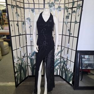 Elegant Black Beaded Halter Prom Dress